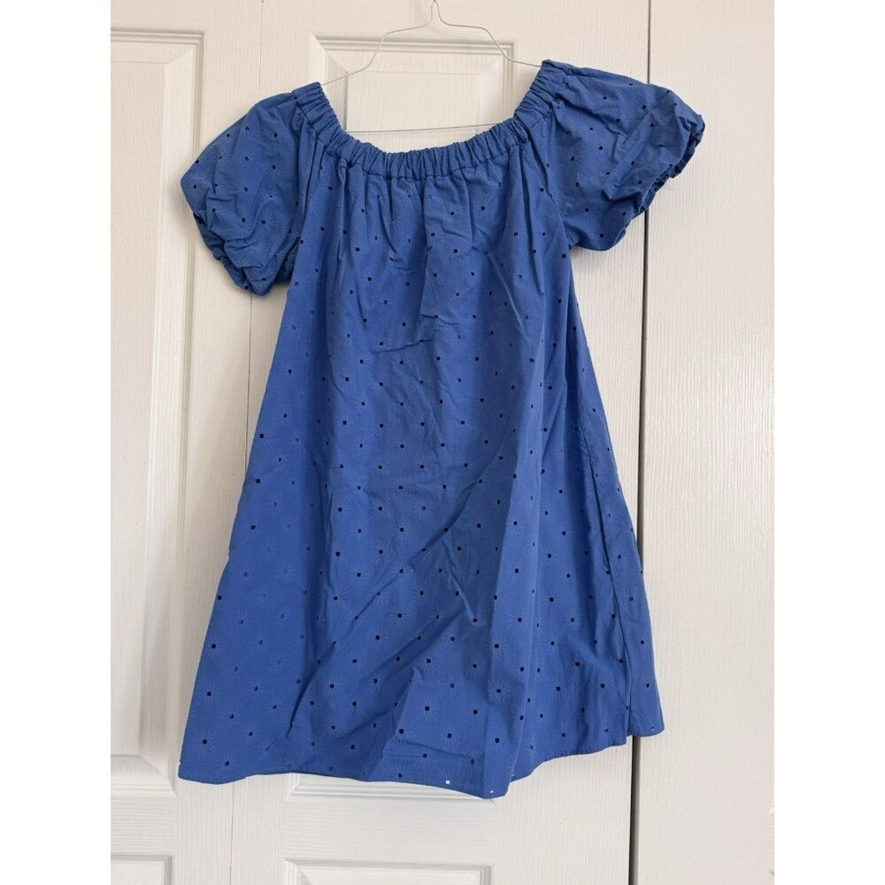 Zara Blue Off Shoulder Dress M Puff Lantern Sleeve Eyelet Pocket Boho Mini - Picture 2 of 8